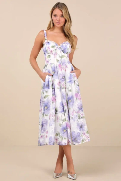 Lulus Hillela Ivory Floral Ruffled Lace-up Midi Skater Dress