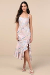 Lulus Hitomi Light Pink Multi Scarf Print Lace-up Ruffled Midi Dress In Light Pink
