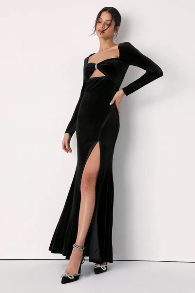 Lulus Hollywood Heyday Black Velvet Long Sleeve Mermaid Maxi Dress