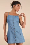 Lulus Honora Medium Wash Denim Button-front Mini Dress In Blue