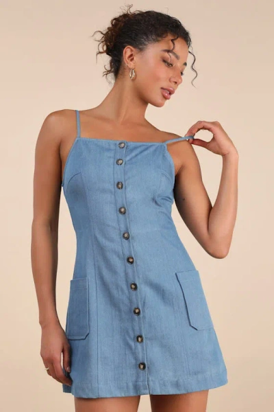 Lulus Honora Medium Wash Denim Button-front Mini Dress In Blue