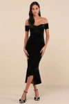Lulus How Much I Care Black Velvet Off-the-shoulder Midi Dress In Black