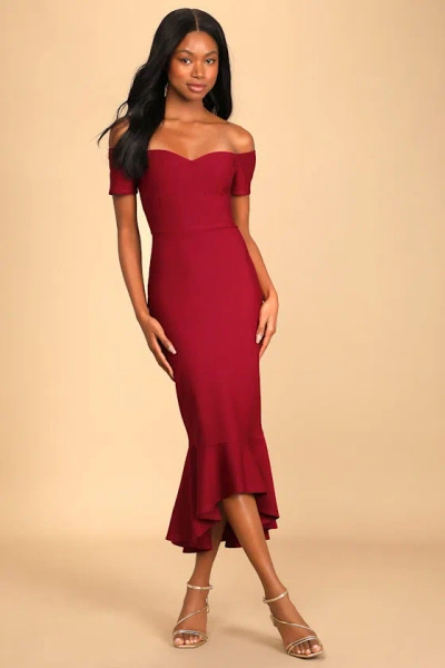 Lulus How Much I Care Wine Red Off-the-shoulder Midi Dress