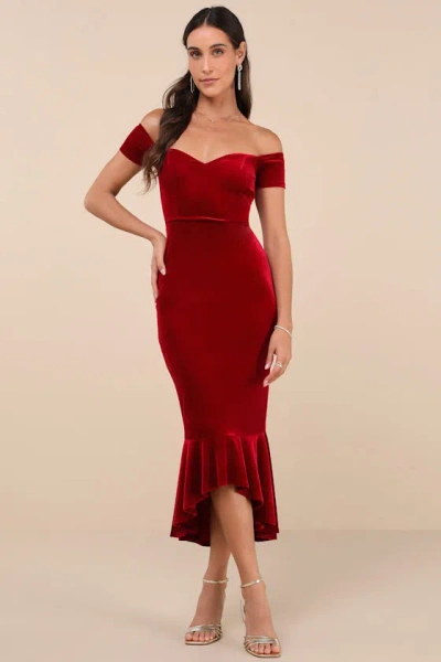 Lulus How Much I Care Wine Red Velvet Off-the-shoulder Midi Dress