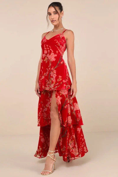 Lulus I Love You Amore Red Floral Velvet Tiered Maxi Dress