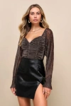Lulus Iconic Approach Brown Plaid Mesh Lurex Ruched Long Sleeve Top In Brown