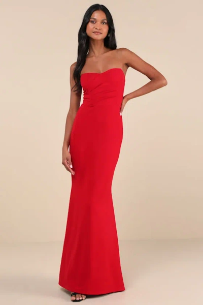Lulus Iconic Arrival Red Strapless Bustier Mermaid Maxi Dress