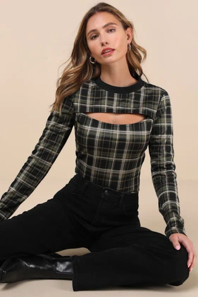 Lulus Iconic Aspect Black And Green Plaid Cutout Long Sleeve Top