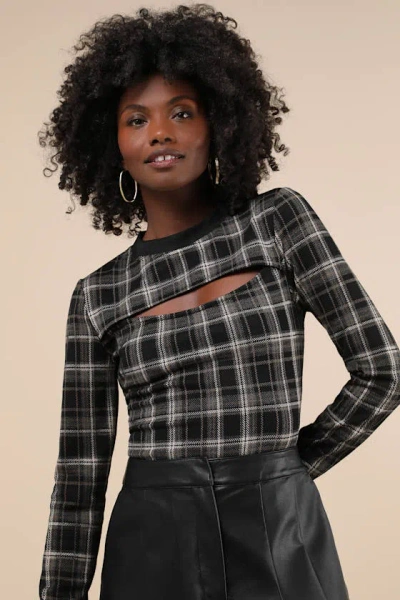 Lulus Iconic Aspect Black And Grey Plaid Cutout Long Sleeve Top