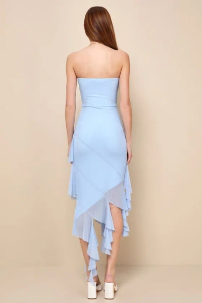 Lulus Iconic Babe Light Blue Mesh Asymmetrical Strapless Midi Dress