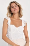 Lulus Iconic Cutie Ivory Swiss Dot Ruffled Sleeveless Bodysuit In Ivory