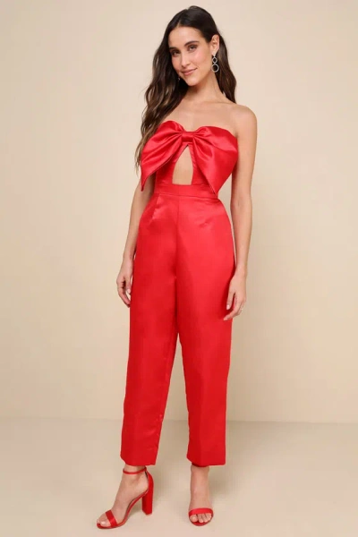 Lulus Iconic Date Red Satin Bow Cutout Strapless Jumpsuit