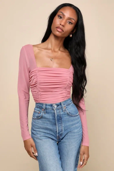 Lulus Iconic Inclination Dusty Rose Mesh Long Sleeve Ruched Crop Top