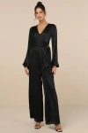Lulus Iconic Influence Black Long Sleeve Faux-wrap Wide-leg Jumpsuit In Black