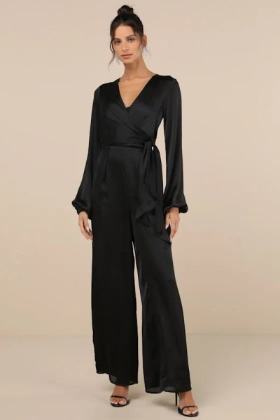 Lulus Iconic Influence Black Long Sleeve Faux-wrap Wide-leg Jumpsuit