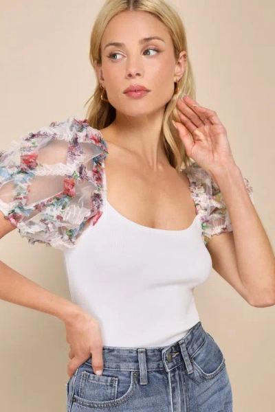 Lulus Iconic Option Ivory Ruffled Floral Statement Sleeve Top