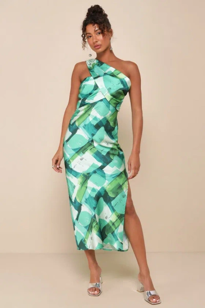 Lulus Iconic Presence Green Abstract Satin One-shoulder Midi Dress
