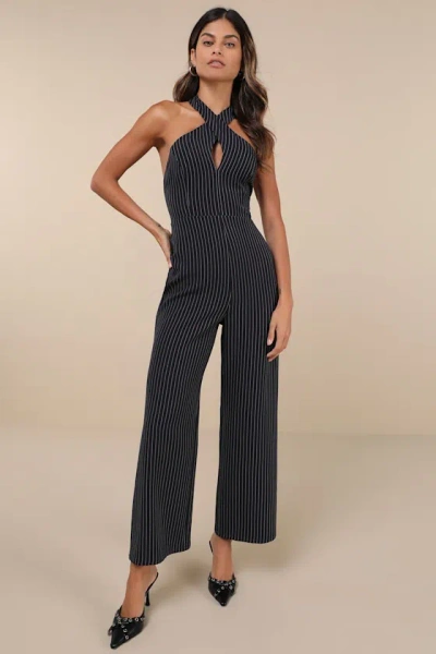 Lulus Iconic Situation Navy Pinstriped Backless Halter Jumpsuit