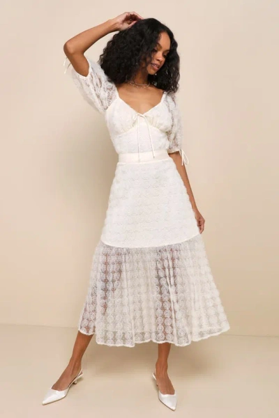 Lulus Ideal Adoration Cream Tulle Swiss Dot Rosette Midi Skirt In White