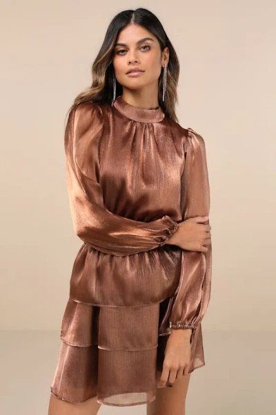Lulus Ideal Behavior Bronze Metallic Backless Tiered Mini Dress In Brown