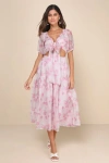 LULUS IDEAL POISE BLUSH FLORAL CHIFFON BACKLESS TIE-FRONT MIDI DRESS