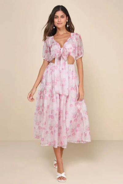 Lulus Ideal Poise Blush Floral Chiffon Backless Tie-front Midi Dress In Pink