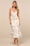 Lulus Idonea Light Yellow Floral Ruffled Lace-up Midi Dress In Light Yellow