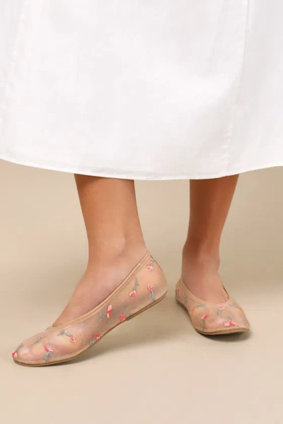 Lulus Idony Dark Nude Floral Mesh Ballet Flats In Beige