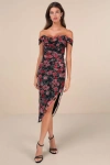 Lulus Idyllic Beauty Black Floral Off-the-shoulder Midi Dress In Black