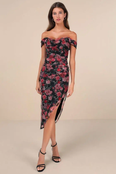 Lulus Idyllic Beauty Black Floral Off-the-shoulder Midi Dress