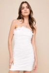 Lulus Idyllic Blooms Ivory Mesh Ruched 3d Floral Strapless Mini Dress In Ivory
