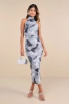 Lulus Idyllic In Ibiza Grey Abstract Print Mock Neck Halter Midi Dress In Grey