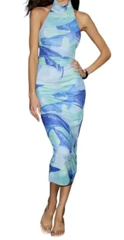 Lulus Idyllic In Ibiza Mock Neck Halter Midi Dress In Blue Abstract Print In Multi