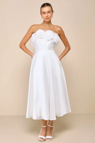Lulus Idyllic Muse White Organza Rosette Strapless Midi Dress