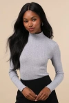 Lulus Idyllic Option Light Grey Pointelle Knit Mock Neck Sweater Top In Light Grey