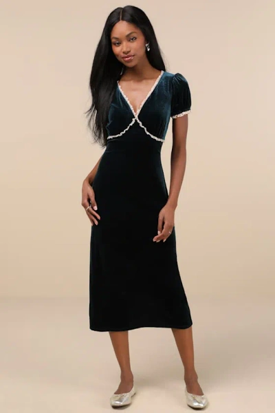 Lulus Idyllic Poise Dark Teal Velvet Puff Sleeve Lace Midi Dress