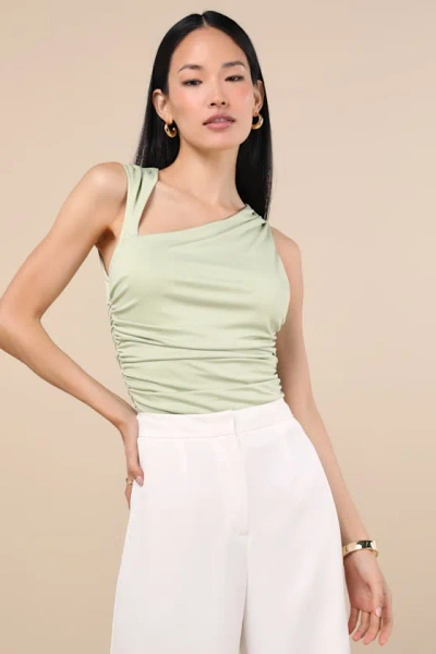 Lulus Ikuko Sage Green Asymmetrical Ruched Sleeveless Top