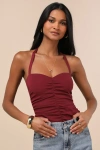 Lulus Ikuye Burgundy Ruched Halter Top In Burgundy