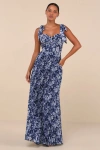 Lulus Illustrious Aura Navy Blue Floral Bustier Tie-strap Maxi Dress In Navy Blue