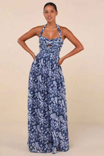 Lulus Illustrious Aura Navy Blue Floral Pleated Halter Maxi Dress