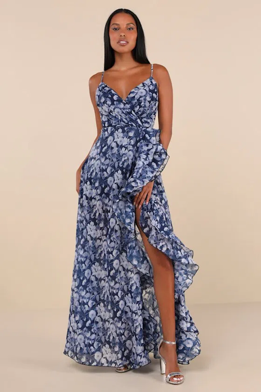 green emerald velvet dress Lulus Meridith Slate Blue Ruffled Lace-Up Maxi Dress, Size Medium  Vanessa  Jane