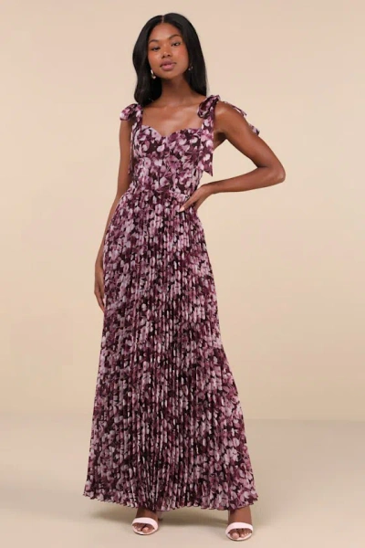 Lulus Illustrious Aura Plum Purple Floral Bustier Tie-strap Maxi Dress
