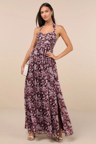 Lulus Illustrious Aura Plum Purple Floral Pleated Halter Maxi Dress