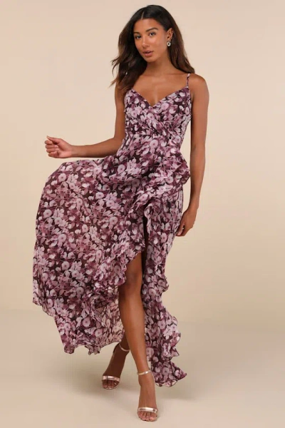 Lulus Illustrious Aura Plum Purple Floral Ruffled Surplice Maxi Dress