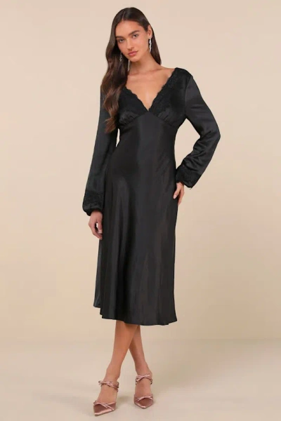 Lulus Illustrious Elegance Black Satin Long Sleeve Midi Dress