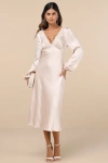 Lulus Illustrious Elegance Champagne Satin Long Sleeve Midi Dress In Champagne