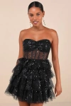 Lulus Illustrious Glow Black Sheer Tulle Sequin Tiered Mini Dress In Black