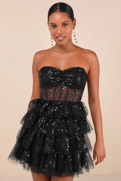 Lulus Illustrious Glow Black Sheer Tulle Sequin Tiered Mini Dress