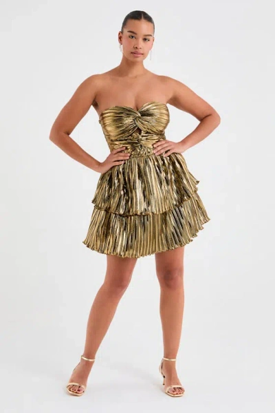 Lulus Ilyra Bronze Lurex Plisse Cutout Strapless Mini Dress In Green