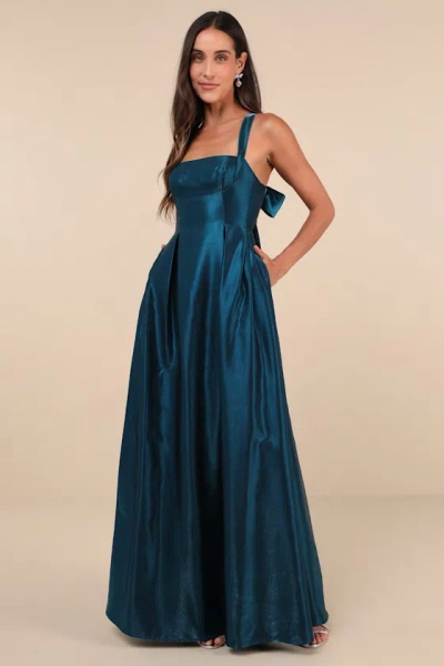 Lulus Immaculate Aura Shiny Dark Teal Taffeta Maxi Dress With Pockets